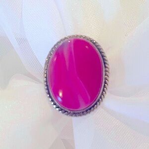 925 Solid Sterling Silver Pink Lace Agate Oval Ring